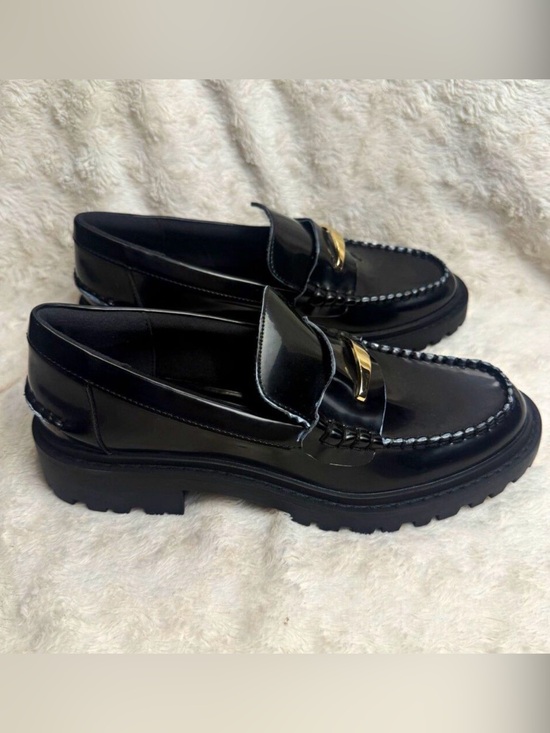 BCBG Shoes - BCBG Black Patent Leather Laney Lug Penny Loafers with Gold Vamp Buckle Preppy
